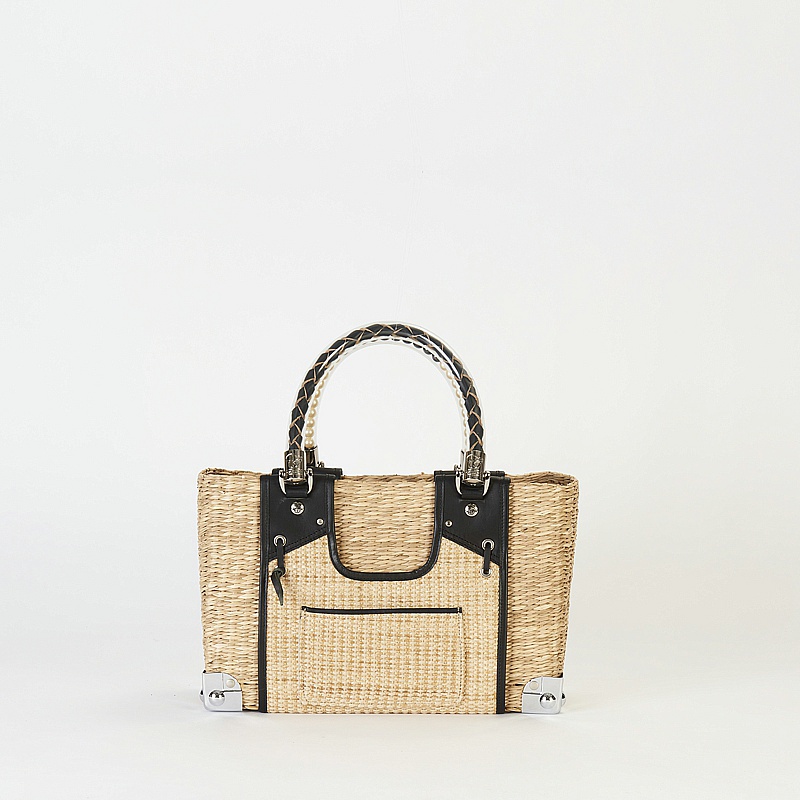 SEAGRASS BASKET/LARGE LEATHER&MESH CLOTH