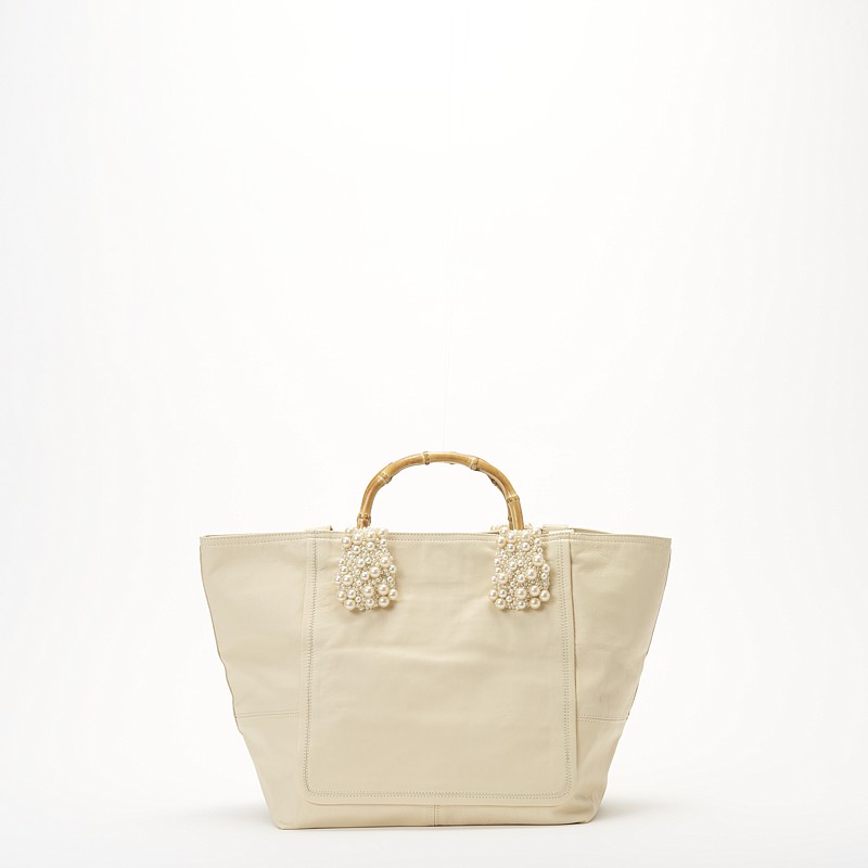SHEEP LEATHER WIDE TOTE<br>BAMBOO × PEARL